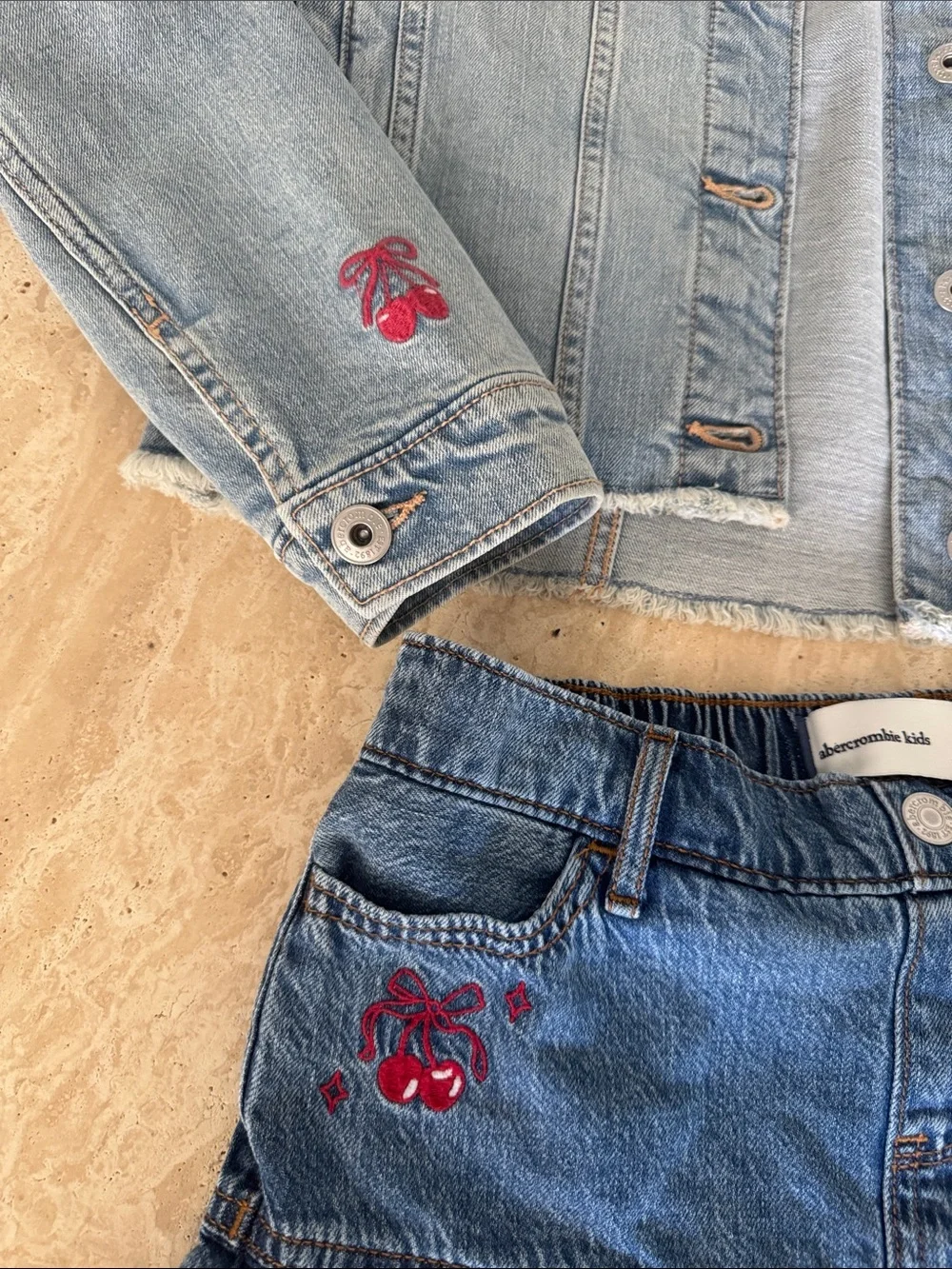 abercrombie kids light wash denim jacket & matching skirt with cherry embroidery